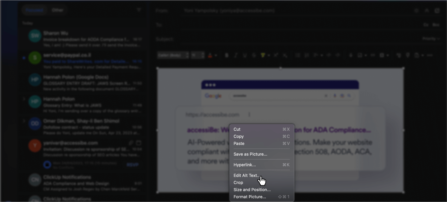 Screenshot of an Outlook shortcut menu with &lsquo;Edit Alt Text&rsquo; highlighted.